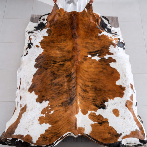 Tricolor Brindle Mix Cowhide Rug Size 7'8" L x 6'10" W 6444