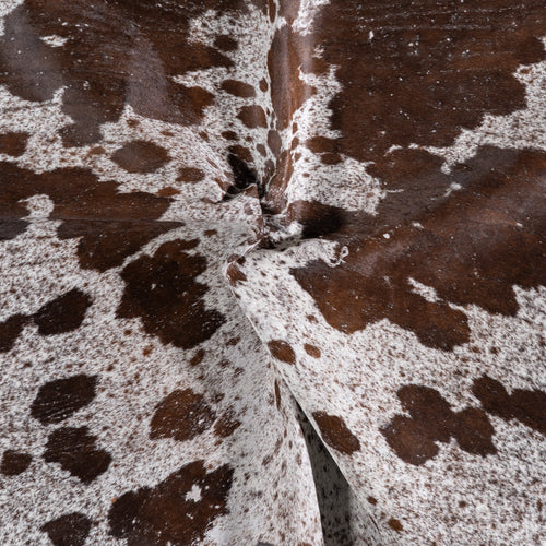 Vintage Chocolate and White Cowhide Rug Size 6'6" L x 5'11" W 5592