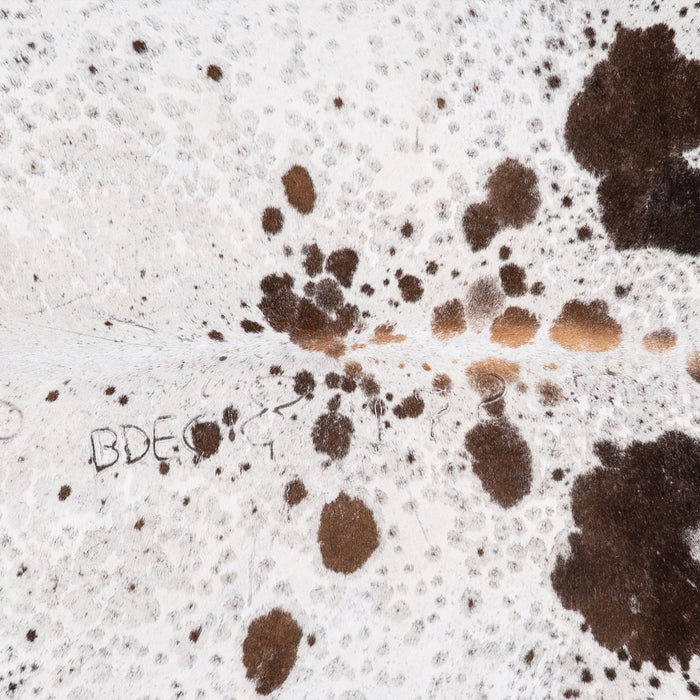 Vintage Chocolate and White Cowhide Rug Size 7'2" L x 6'5" W 5598
