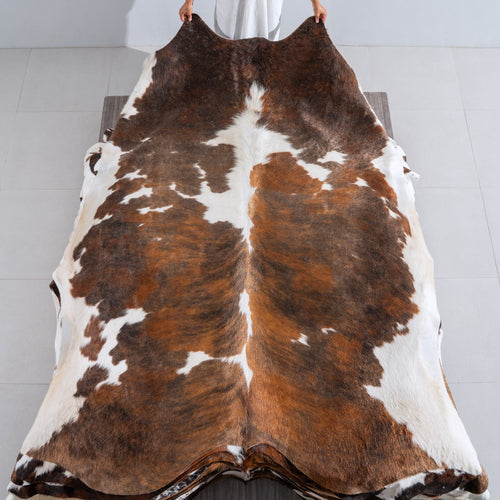 Tricolor Brindle Mix Cowhide Rug Size 8'5" L x 7'2" W 4039