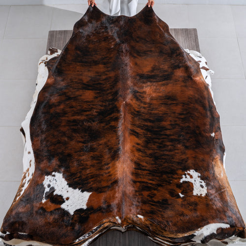 Tricolor Brindle Mix Cowhide Rug Size 7'6" L x 6'11" W 4041