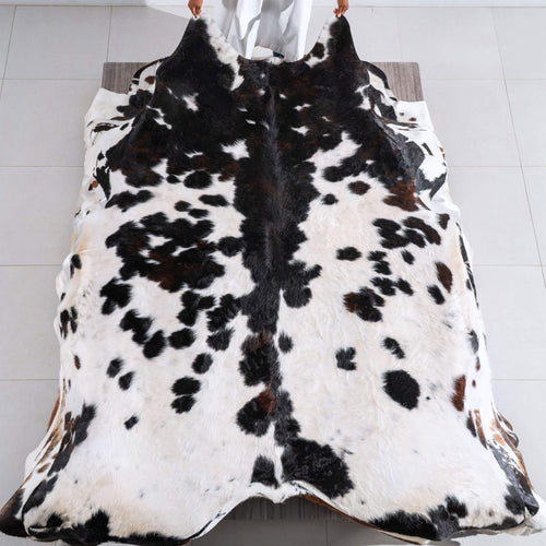 White Tricolor Cowhide Rug Size 7'4" L x 6'8" W 6453