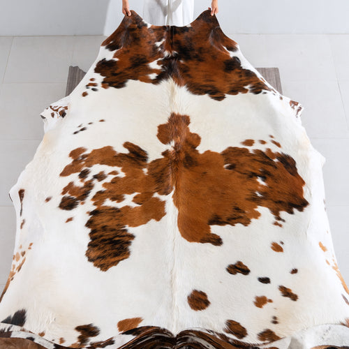 White Tricolor Cowhide Rug Size 7'6" L x 7'3" W 3944
