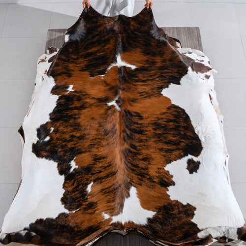 Tricolor Brindle Mix Cowhide Rug Size 7'4" L x 7'0" W 4046