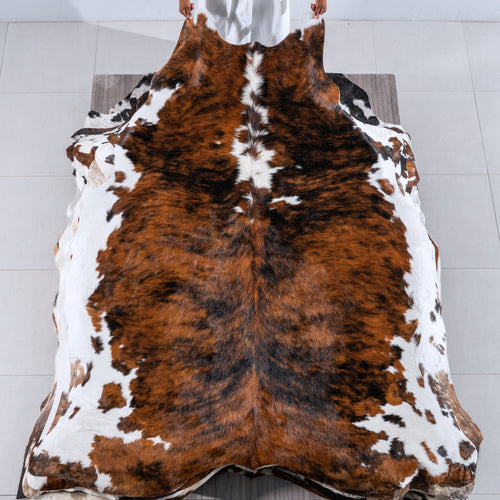 Tricolor Brindle Mix Cowhide Rug Size 7'11" L x 6'10" W 6263