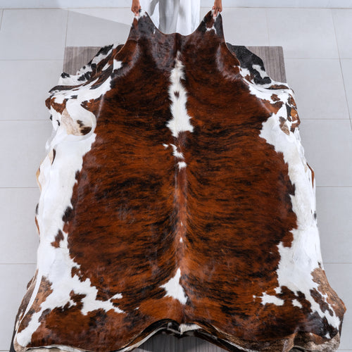 Tricolor Brindle Mix Cowhide Rug Size 7'7" L x 6'9" W 6264