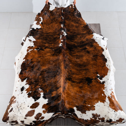 Tricolor Brindle Mix Cowhide Rug Size 8'4" L x 7'3" W 4110