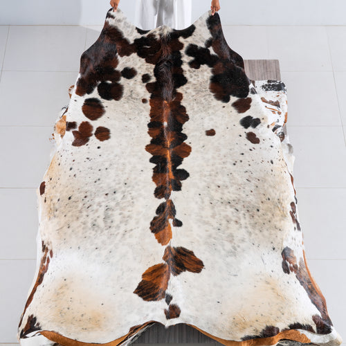 White Tricolor Cowhide Rug Size 7'9" L x 7'3" W 5464