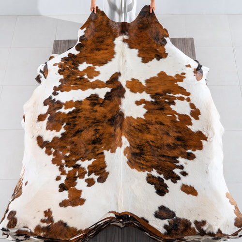 White Tricolor Cowhide Rug Size 7'8" L x 7'2" W 4111