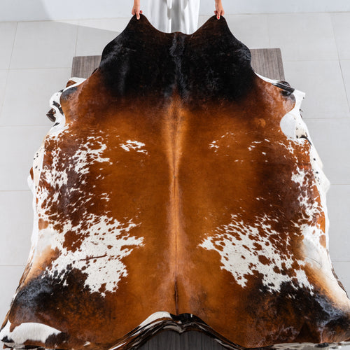 Brown and White Cowhide Rug Size 7'5" L x 7'0" W 4112
