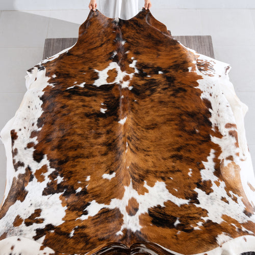 Tricolor Brindle Mix Cowhide Rug Size 6'9" L x 6'7" W 3953