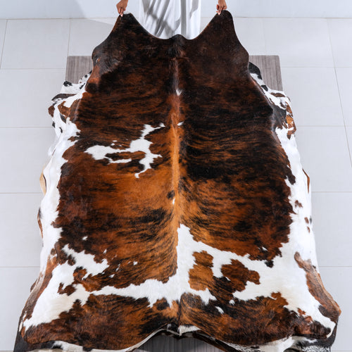 Tricolor Brindle Mix Cowhide Rug Size 7'10" L x 6'9" W 6269