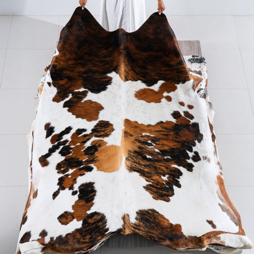 White Tricolor Cowhide Rug Size 7'6" L x 7'0" W 5467