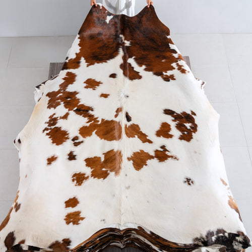 White Tricolor Cowhide Rug Size 8'6" L x 7'5" W 3956