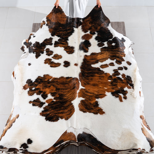 White Tricolor Cowhide Rug Size 7'2" L x 7'1" W 4116