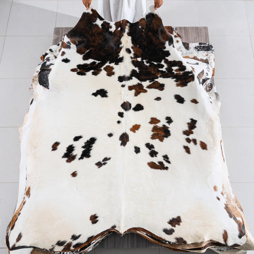 White Tricolor Cowhide Rug Size 7'2" L x 6'8" W 5470