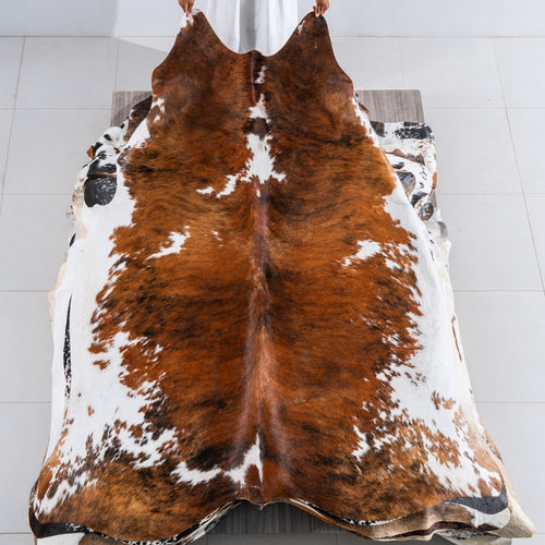 Tricolor Brindle Mix Cowhide Rug Size 7'8" L x 6'11" W 5471