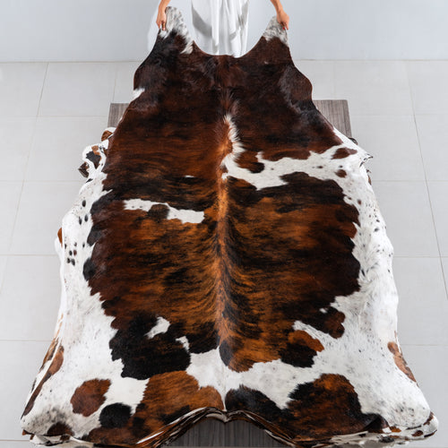 Tricolor Brindle Mix Cowhide Rug Size 8'9" L x 7'0" W 4117