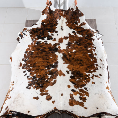 White Tricolor Cowhide Rug Size 7'9" L x 7'3" W 4120