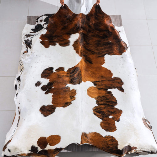 White Tricolor Cowhide Rug Size 7'7" L x 6'10" W 6475