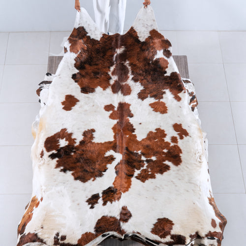 White Tricolor Cowhide Rug Size 8'10" L x 7'7" W 6281