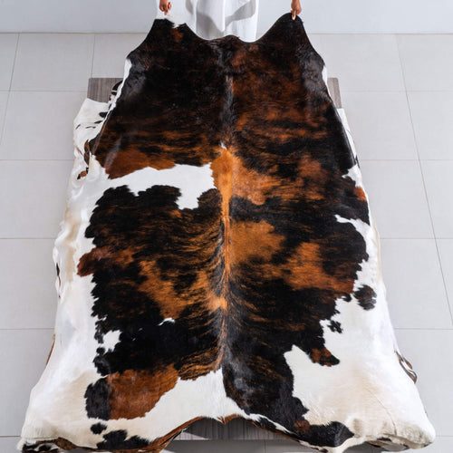Tricolor Brindle Mix Cowhide Rug Size 8'7" L x 7'6" W 6478