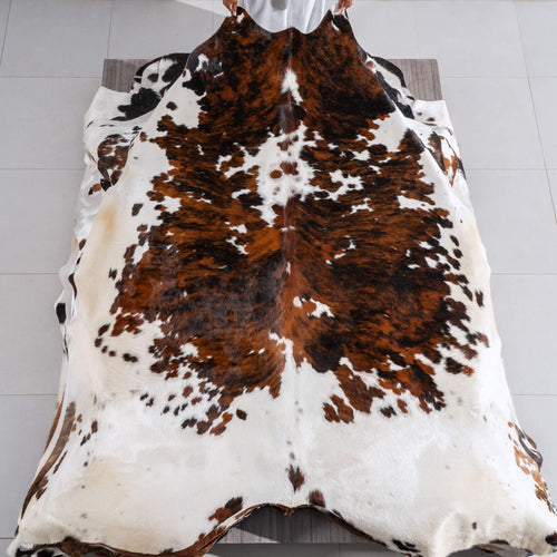 White Tricolor Cowhide Rug Size 7'9" L x 7'1" W 6481
