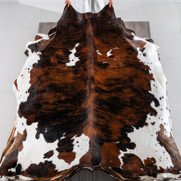 Tricolor Brindle Mix Cowhide Rug Size 7'2" L x 6'11" W 4127