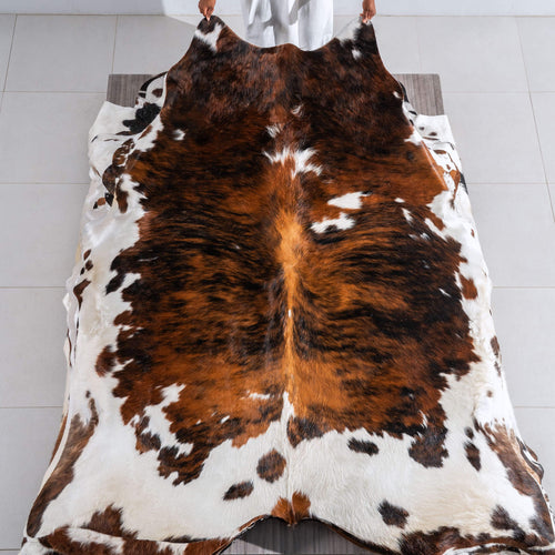 Tricolor Brindle Mix Cowhide Rug Size 7'8" L x 7'0" W 6482