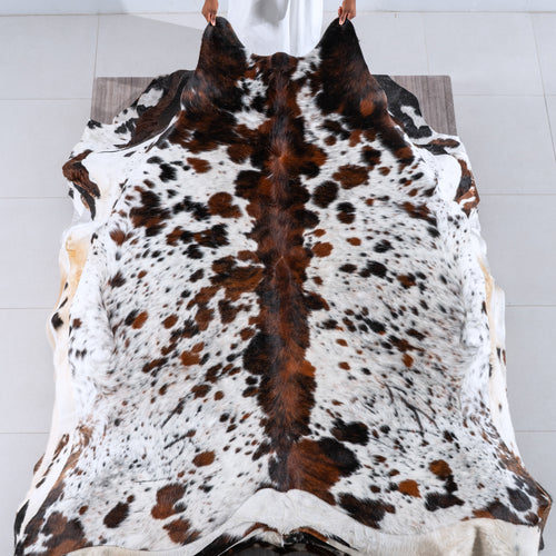 White Tricolor Cowhide Rug Size 7'4" L x 6'9" W 6287