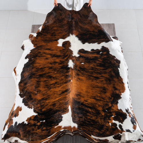 Tricolor Brindle Mix Cowhide Rug Size 7'9" L x 6'9" W 4129