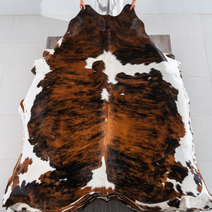 Tricolor Brindle Mix Cowhide Rug Size 7'9" L x 6'9" W 4129