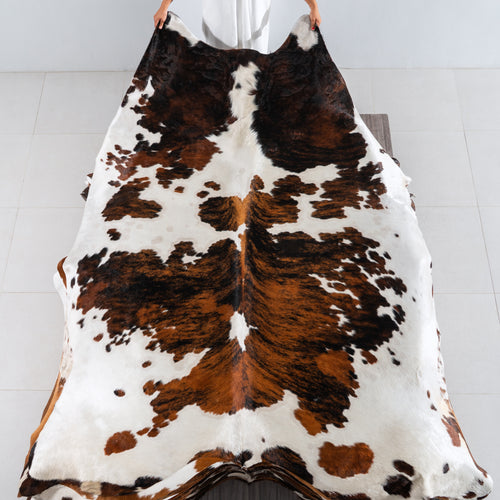 White Tricolor Cowhide Rug Size 8'10" L x 7'1" W 4130
