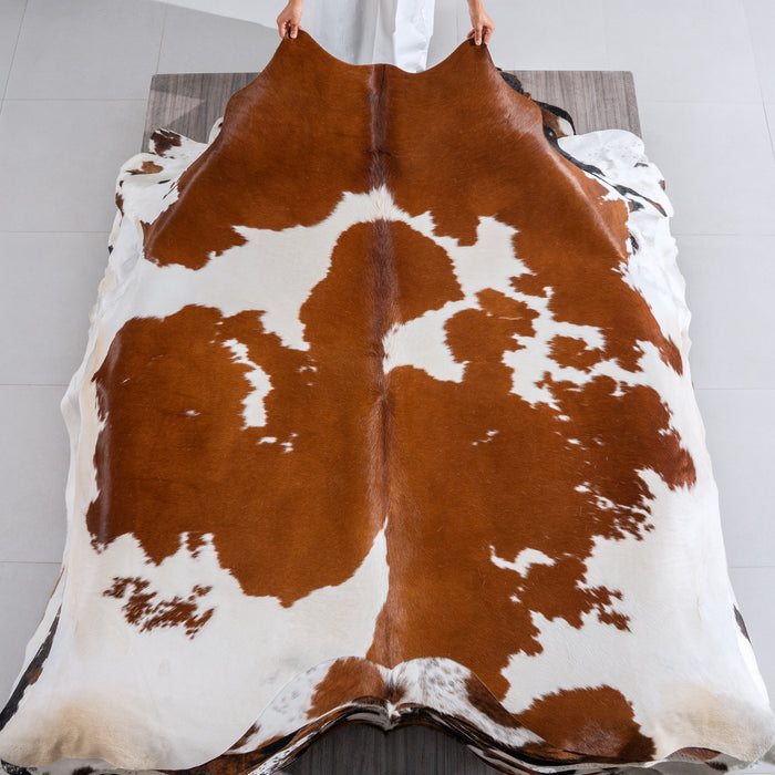 Brown and White Cowhide Rug Size 7'4" L x 6'10" W 4071