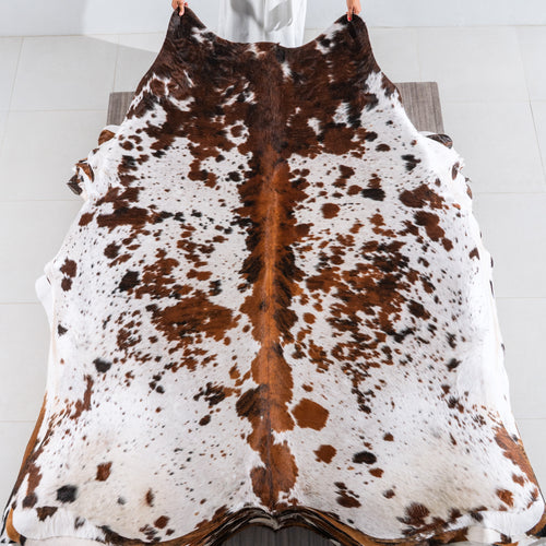 White Tricolor Cowhide Rug Size 7'6" L x 6'8" W 4134