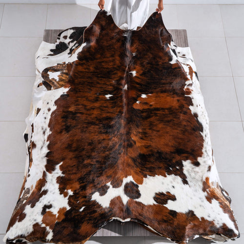 Tricolor Brindle Mix Cowhide Rug Size 7'9" L x 7'1" W 6489