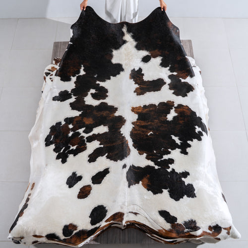 White Tricolor Cowhide Rug Size 8'1" L x 7'2" W 4073