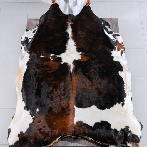 Dark Tricolor Cowhide Rug Size 8'1" L x 7'9" W 6296