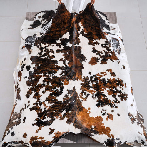 White Tricolor Cowhide Rug Size 7'5" L x 7'3" W 6492