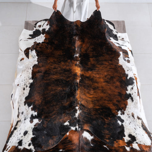 Tricolor Brindle Mix Cowhide Rug Size 6'10" L x 6'8" W 6497