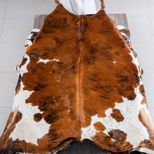 Tricolor Brindle Mix Cowhide Rug Size 7'10" L x 7'2" W 5051