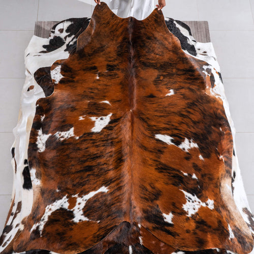 Tricolor Brindle Mix Cowhide Rug Size 7'1" L x 6'0" W 6499