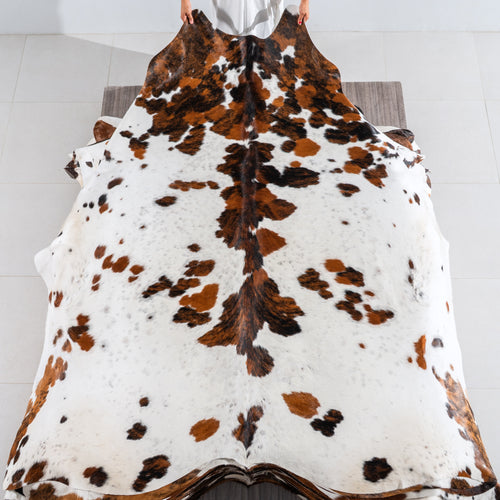 White Tricolor Cowhide Rug Size 7'9" L x 7'3" W 4147