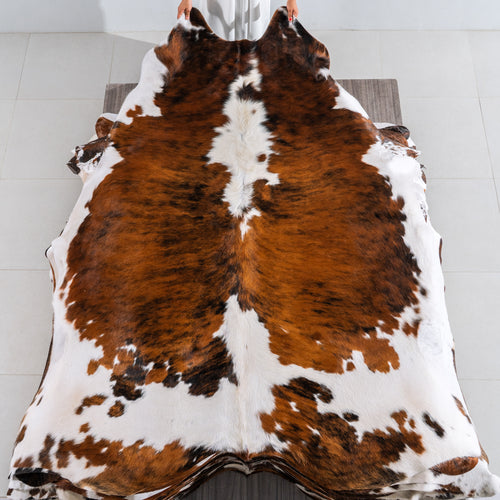 Tricolor Brindle Mix Cowhide Rug Size 8'0" L x 7'3" W 4154
