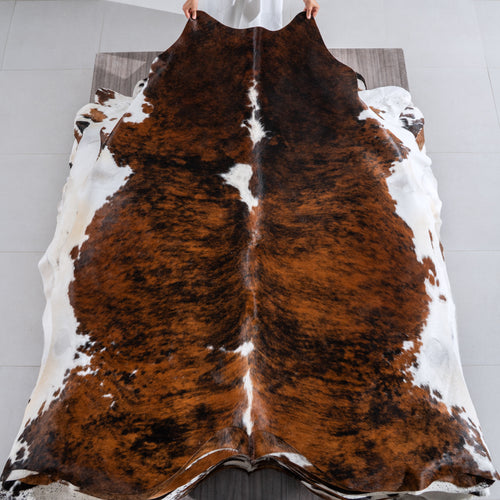 Tricolor Brindle Mix Cowhide Rug Size 7'5" L x 7'7" W 4089
