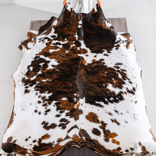 White Tricolor Cowhide Rug Size 7'8" L x 7'4" W 4158