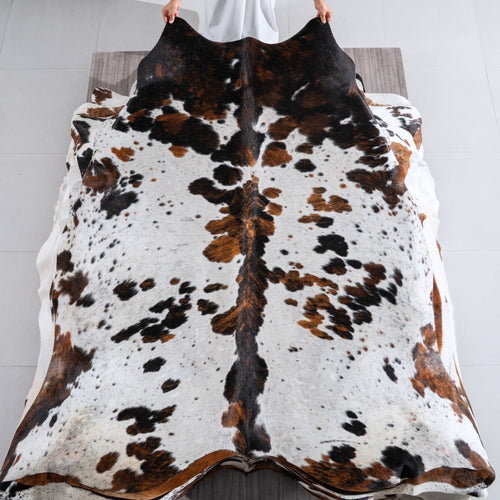 White Tricolor Cowhide Rug Size 7'3" L x 7'0" W 4091