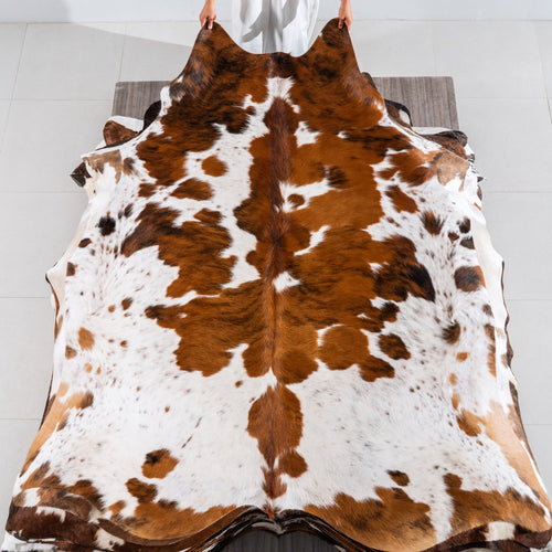 White Tricolor Cowhide Rug Size 7'4" L x 6'11" W 4165