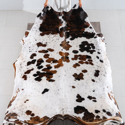 White Tricolor Cowhide Rug Size 7'9" L x 7'5" W 4170