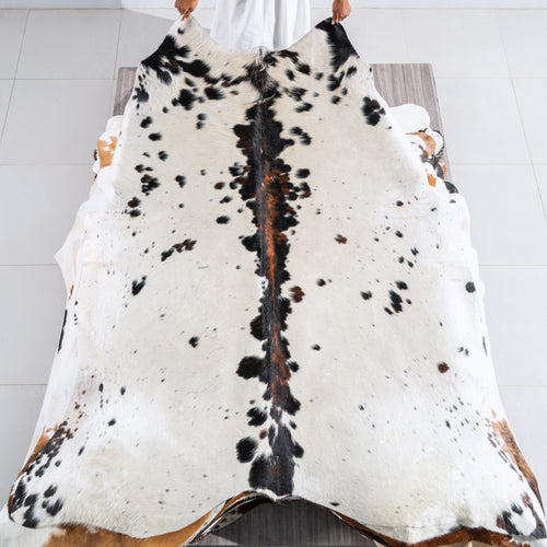 White Tricolor Cowhide Rug Size 7'1" L x 6'9" W 5079